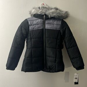 WeatherTamer jacket size S girls faux fur blac and gray plus head band.